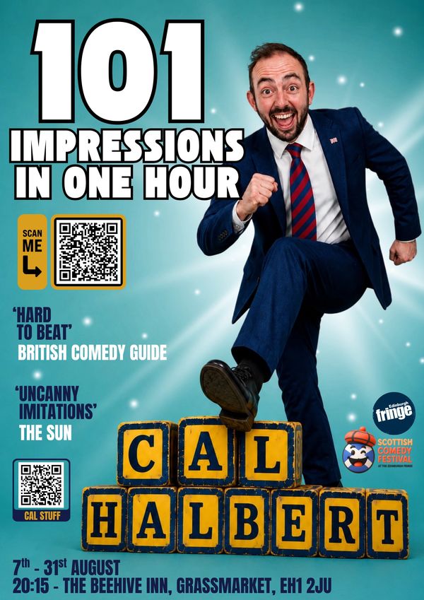 Comedian Cal Halbert promotes his show "101 Impressions in One Hour" with lively energy and humor.