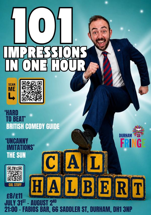 Comedian Cal Halbert performs 101 impressions in one hour at Durham Fringe.