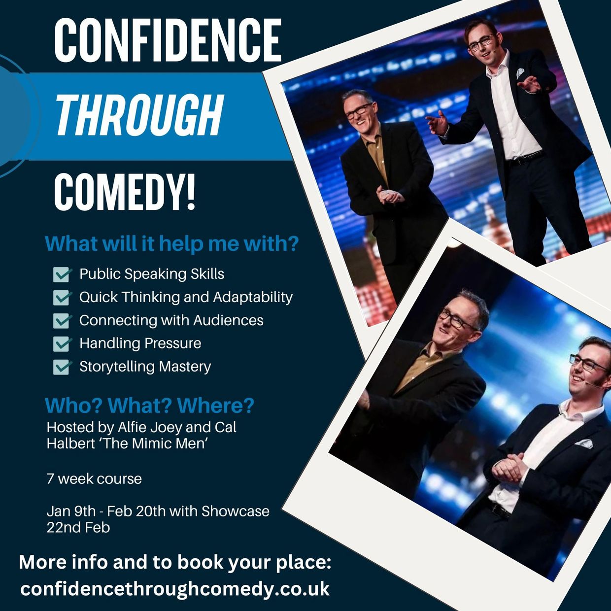 Promoting a comedy course to build confidence and communication skills.