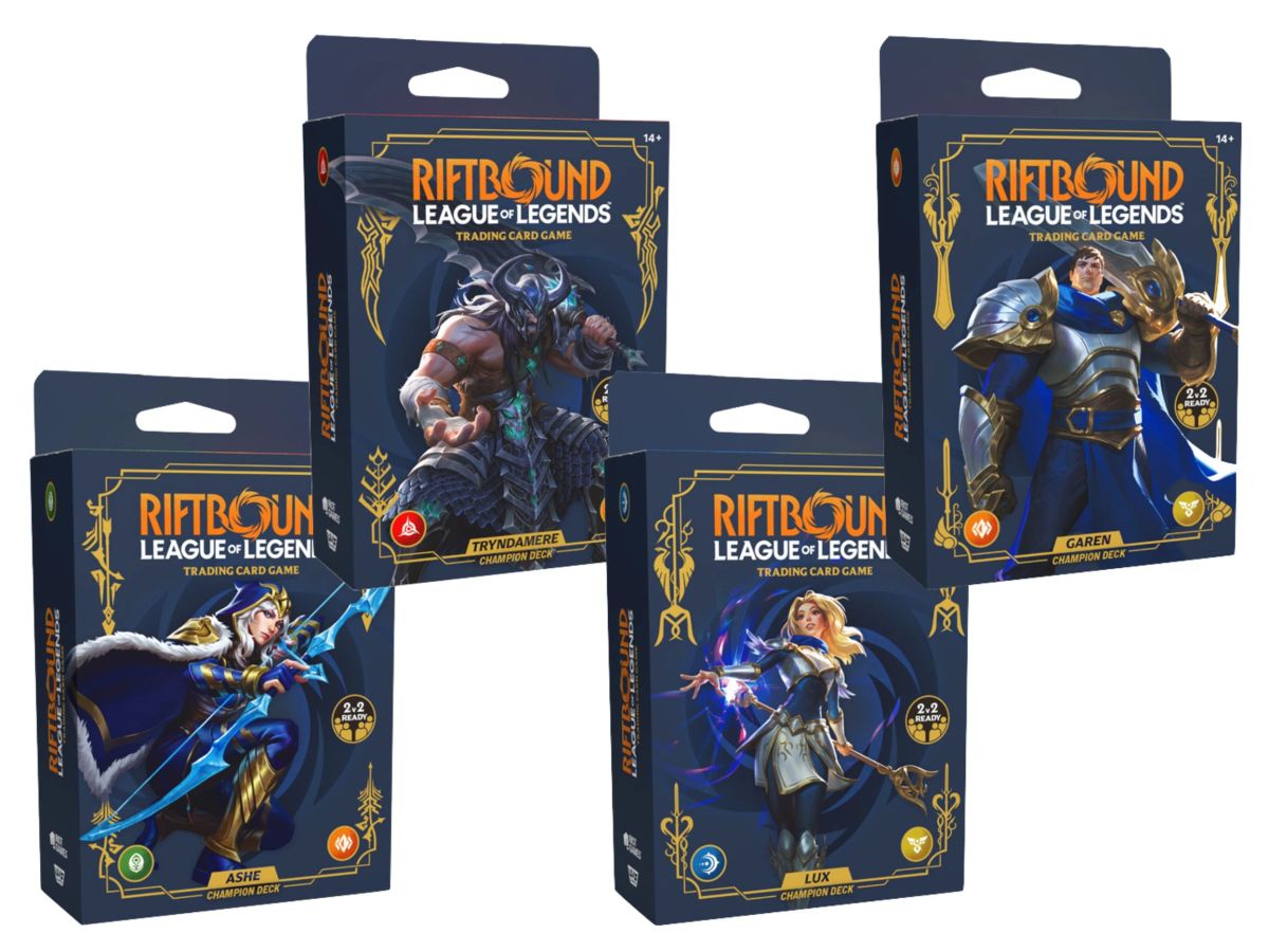 PREVENTA Riftbound TCG: Legacy Showdown Deck Display (4 Decks Tryndamere, Ashe, Garen, & Lux)