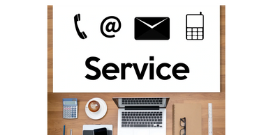 Workspace with communication icons and the word 'Service' on a white board.
