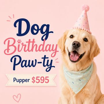 Golden retriever with birthday hat and bandana for dog birthday paw-ty.