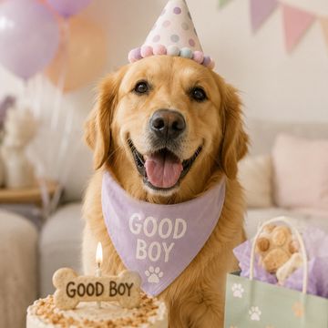Golden retriever celebrating with a party hat and cake.