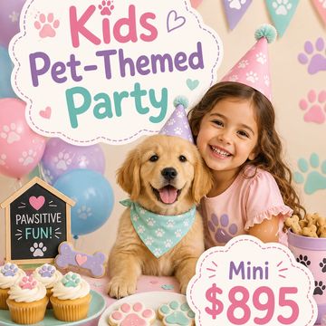 Kids pet-themed party with dog and girl.