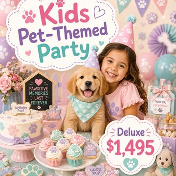 Kids pet-themed party with decorations, treats, and a puppy.