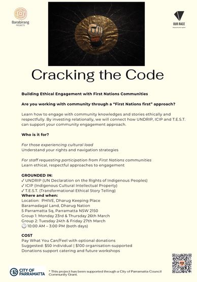Flyer for an ethical engagement workshop with First Nations communities in Parramatta.