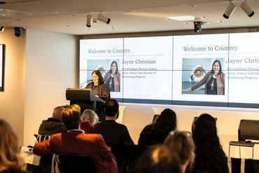 Jayne Christian delivering Welcome to Country at Parramatta's Lit! Industry Day. 
Photo credit: Tony