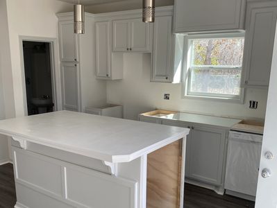 Tiny home cabinetry in kitchen painted white with custom island.