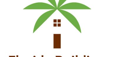 Logo with palm tree and house elements.