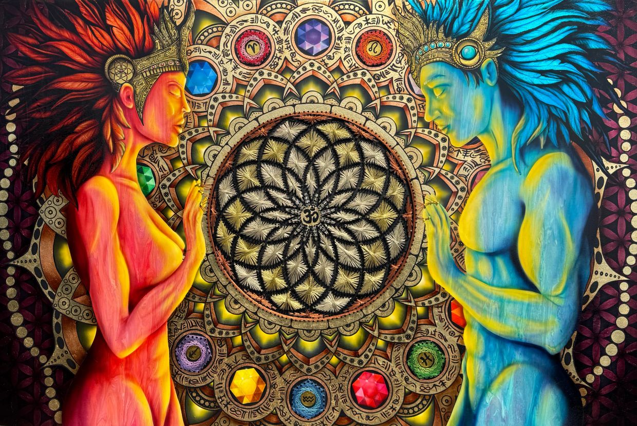 Colorful dual figures in spiritual mandala artwork.