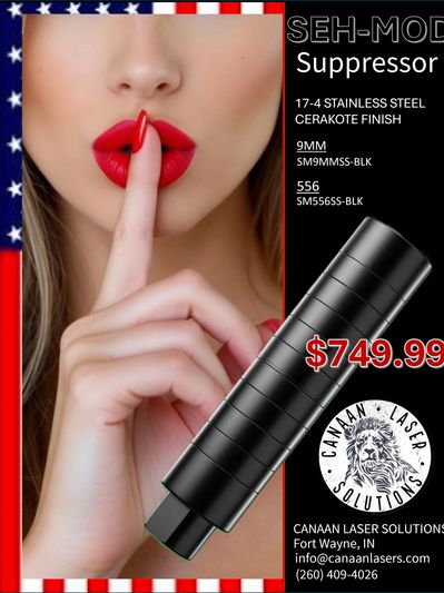 Advertisement for SEH-MOD suppressor with a woman making a shushing gesture.
