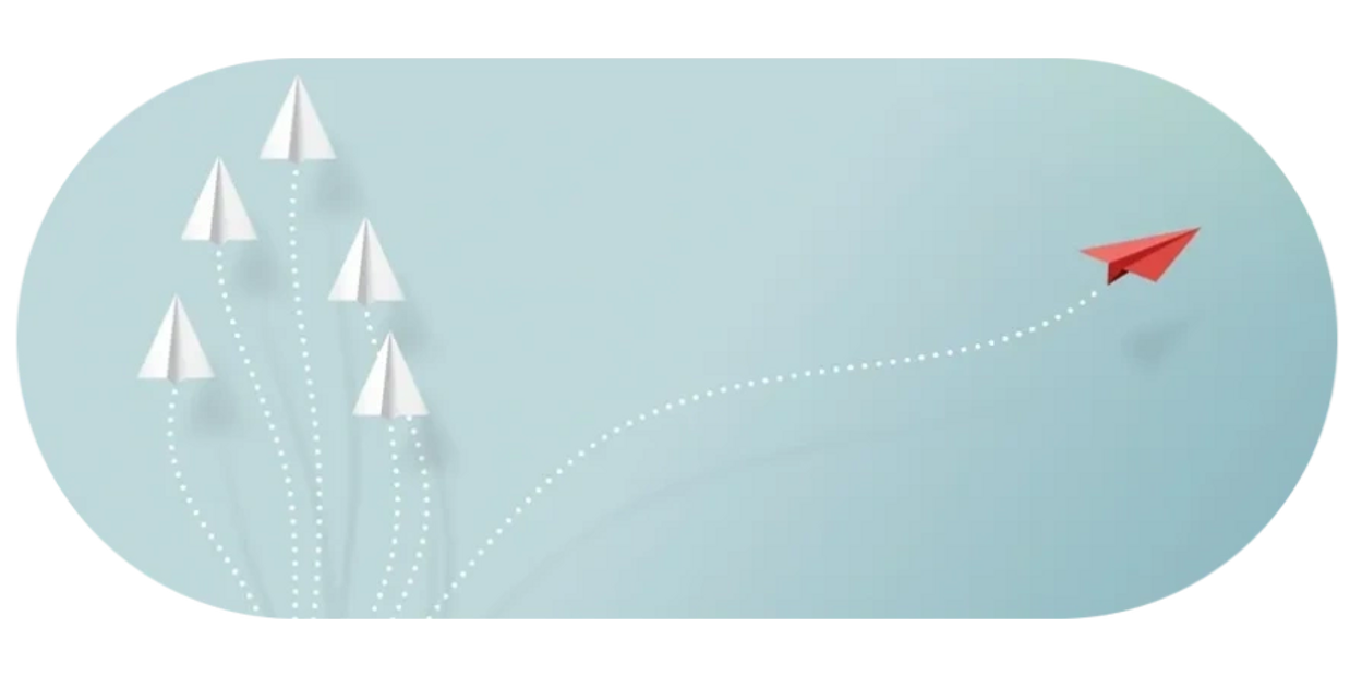 White paper planes with one red paper plane going its own way, symbolising a boost in medical access