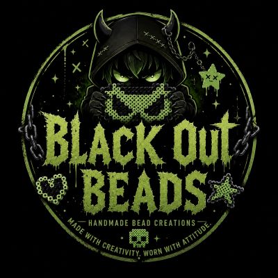 Dark, edgy logo for Black Out Beads featuring a hooded figure and green beads.