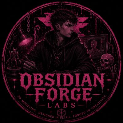 Dark-themed logo for Obsidian Forge Labs with a young man and creative elements.