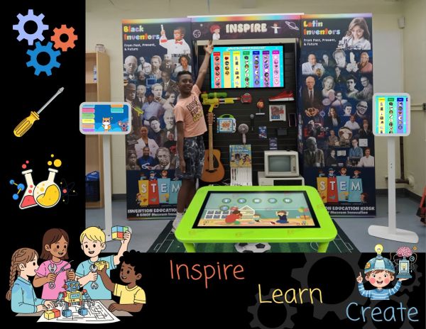 An interactive STEM education kiosk featuring Black and Latin inventors.