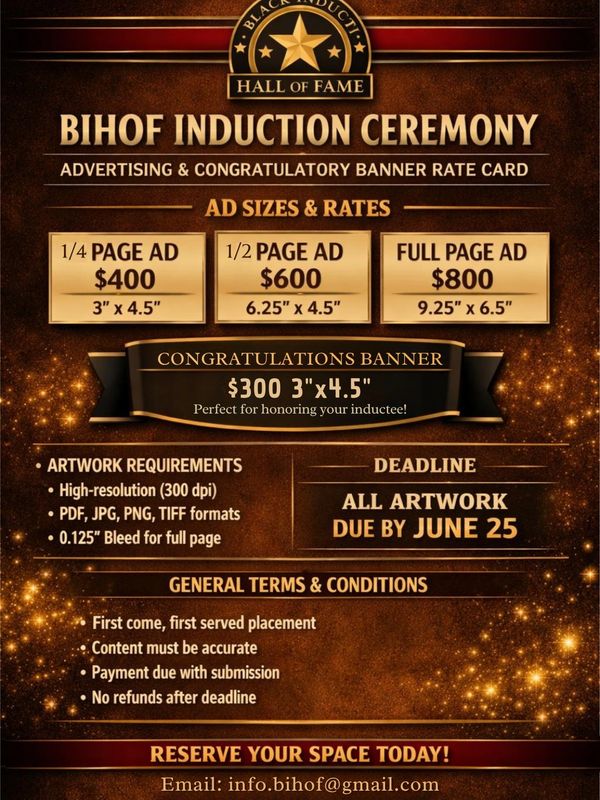 BIHOF Induction Ceremony ad sizes, rates, and submission details.