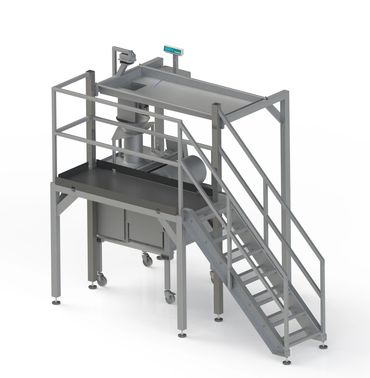 Industrial metal platform with stairs and equipment for processing or weighing.