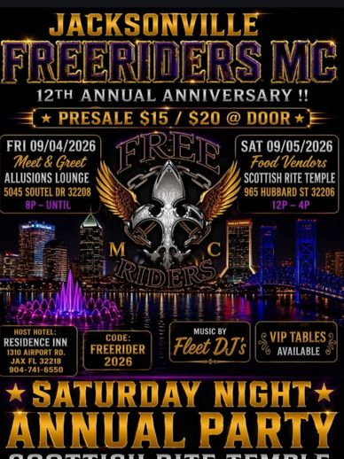 Flyer for Jacksonville Freeriders MC 12th Annual Anniversary Party.