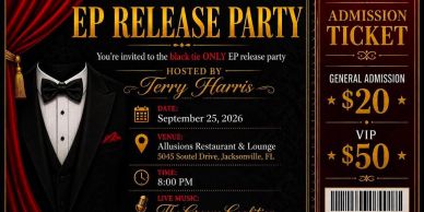 Elegant black tie EP release party invitation with ticket details.
