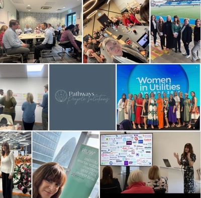 Collage of workplace meetings and Women in Utilities event photos.