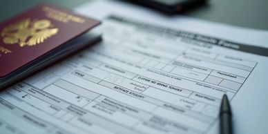A passport resting on a filled-out immigration form with a pen nearby.