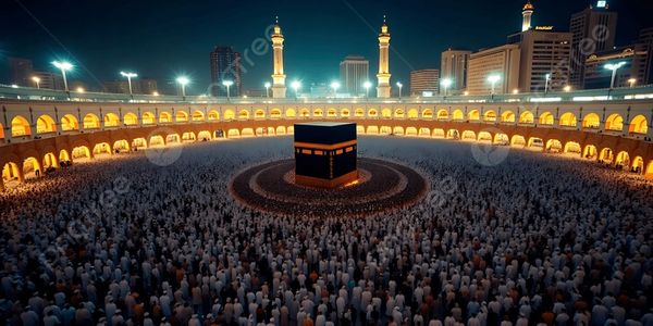 Crowd of worshippers around the Kaaba at night in Masjid al-Haram, Mecca.