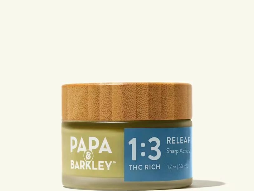 Papa &amp; Barkley Releaf cream with a bamboo lid for sharp aches relief.