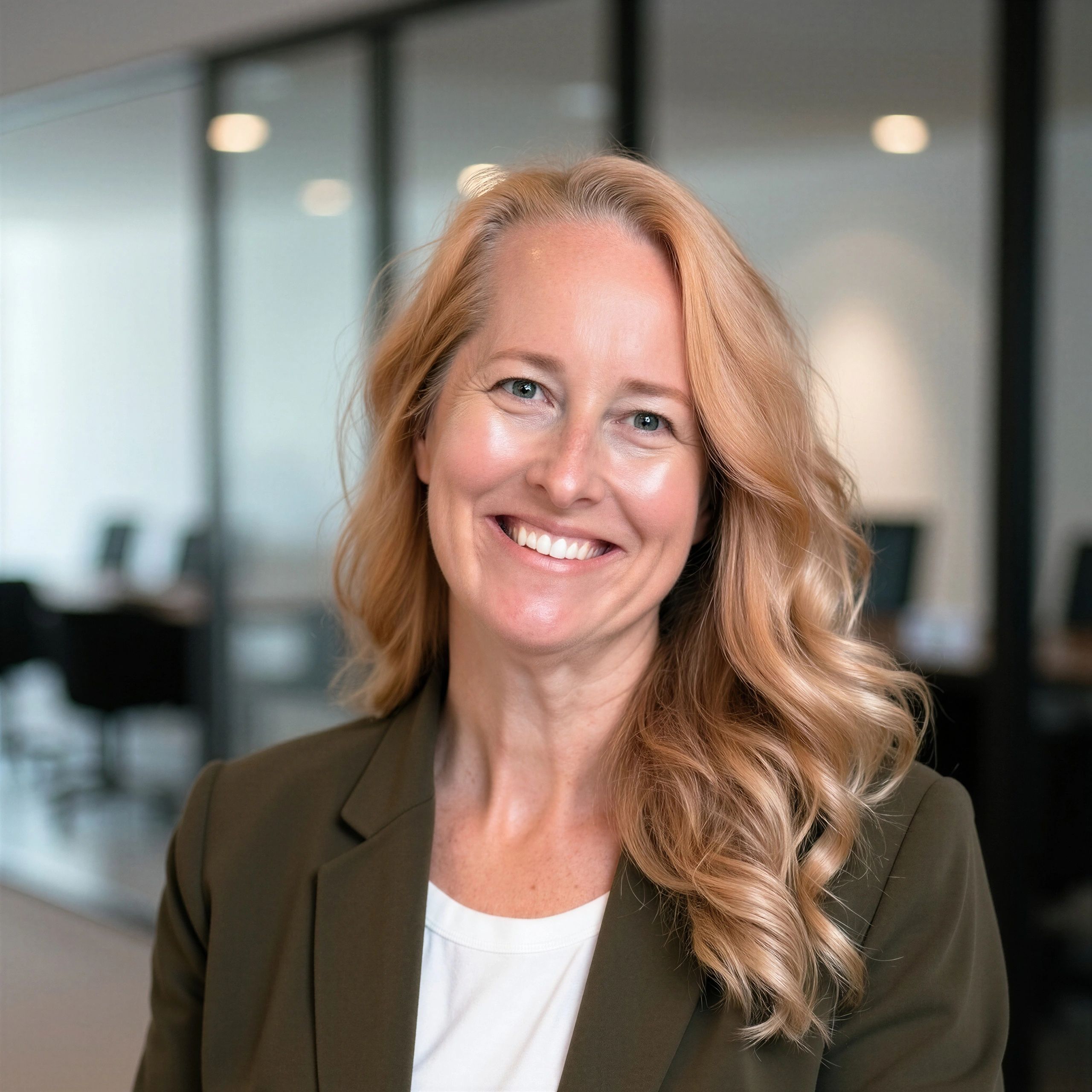 Smiling woman with wavy blonde hair in a professional setting.