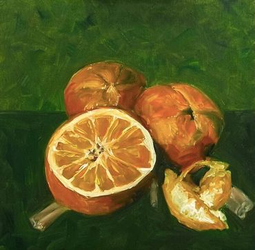Oil painting of oranges with one peeled and one cut in half.