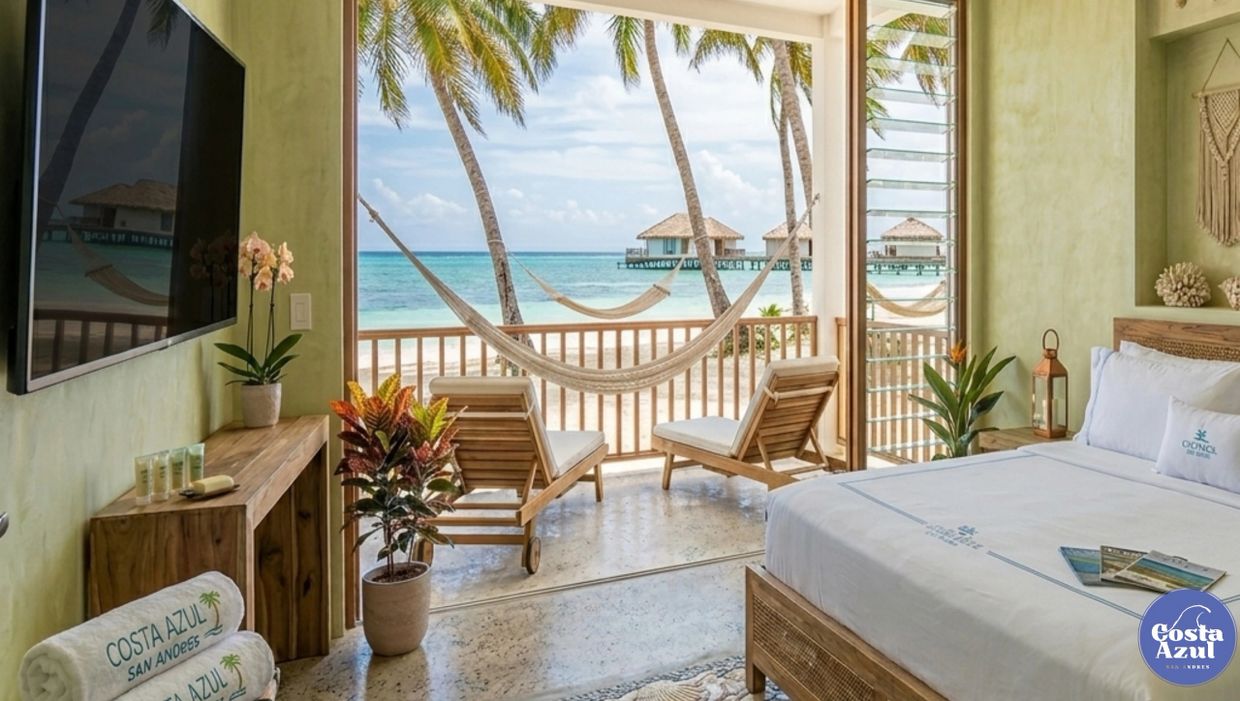 Beachfront room with hammock, lounge chairs, and ocean view.