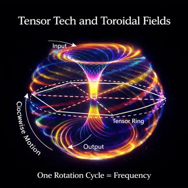 Vibrant visualization of tensor tech and toroidal fields showing rotation and frequency.