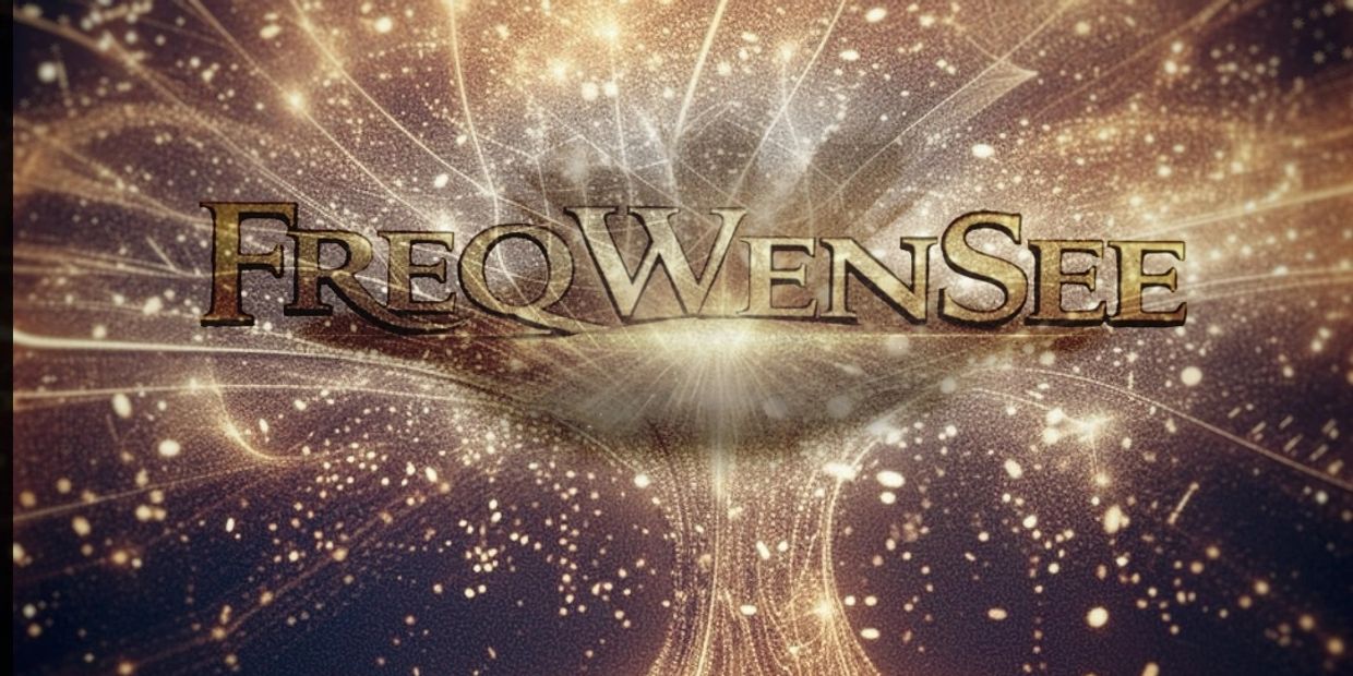 Glowing golden text 'FREQWENSEE' with sparkling light effects on a dark background.
