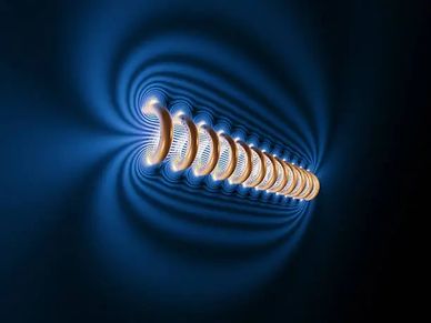 Abstract fractal spiral with glowing golden rings on a deep blue background.