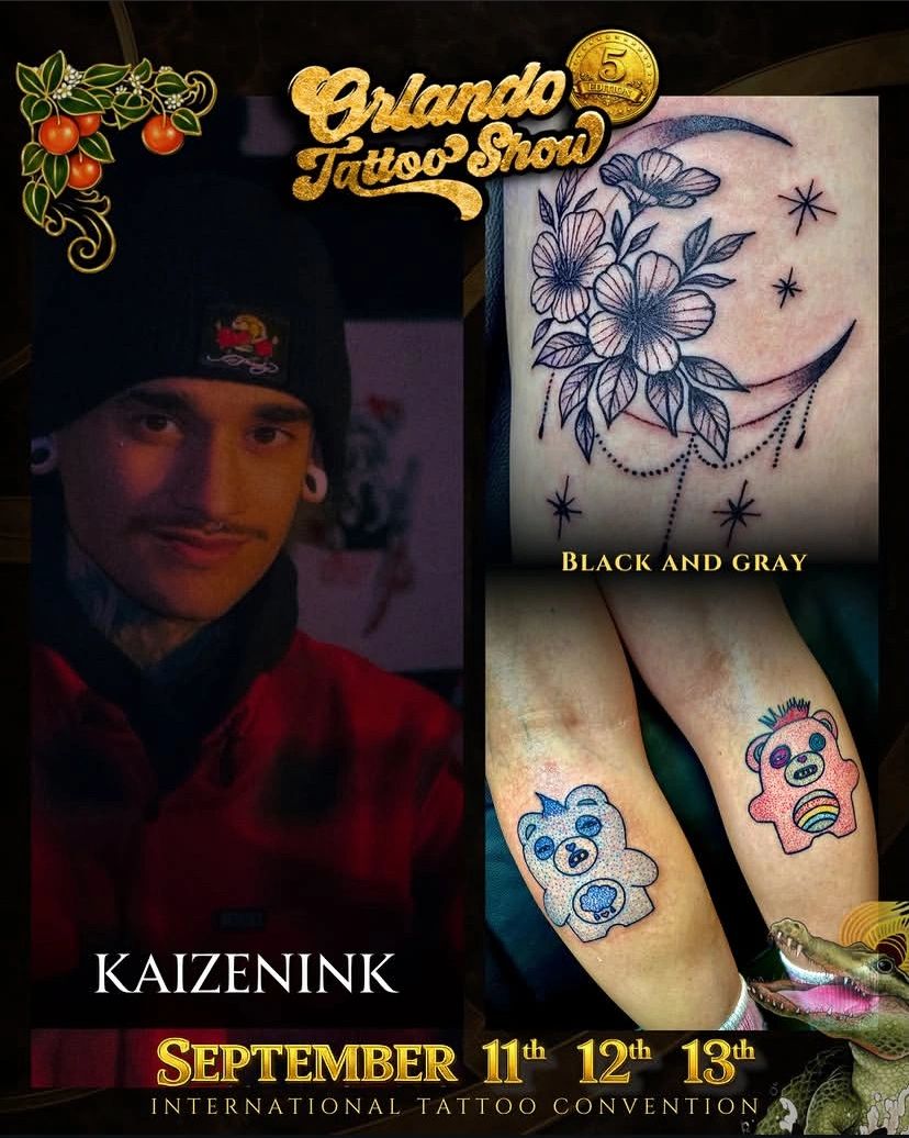 Tattoo artist Kaizenink featured at Orlando Tattoo Show with floral and colorful bear tattoos.