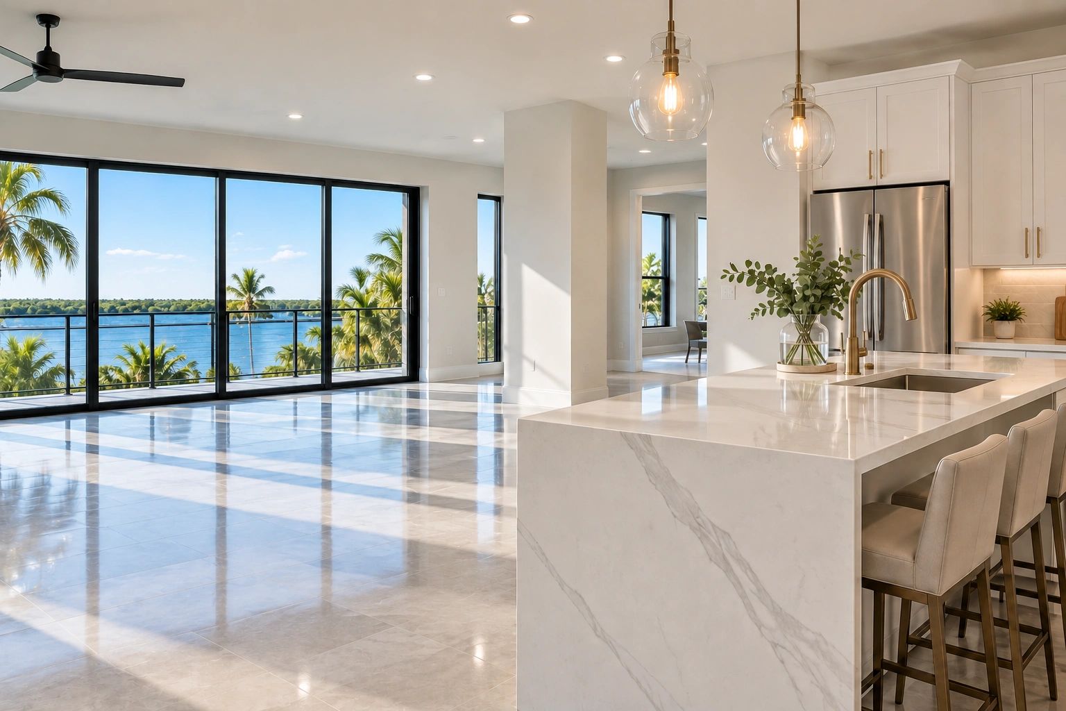 Bright modern kitchen with sea view and marble island.