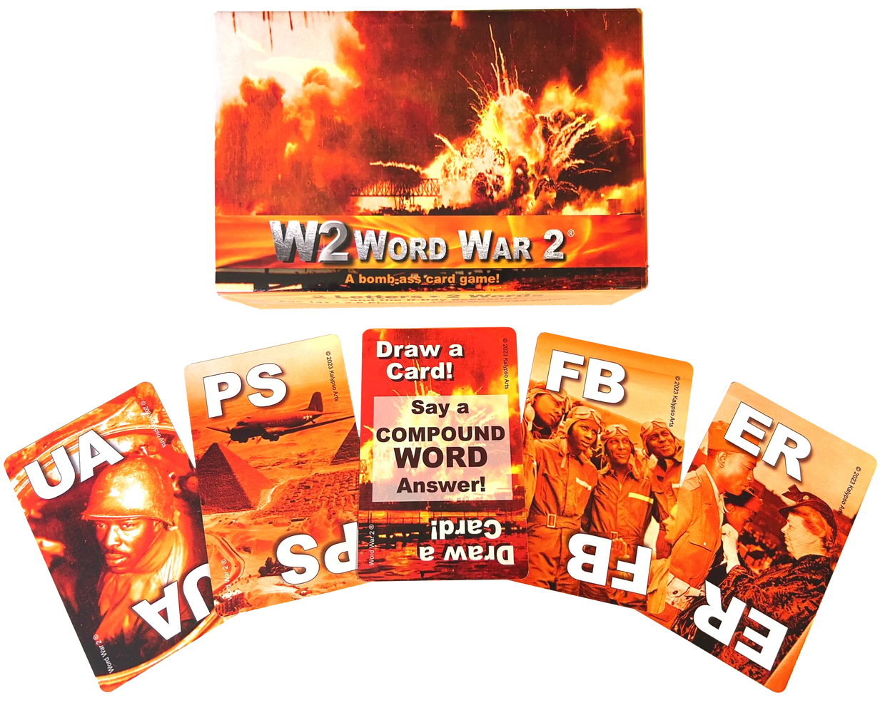 Word War 2 card game with explosive WWII-themed design and compound word challenge.