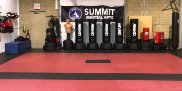 Martial arts training area with punching bags and a Summit Martial Arts banner.