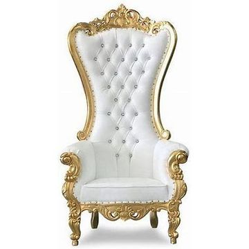 Ornate white and gold high-back throne chair with tufted upholstery.