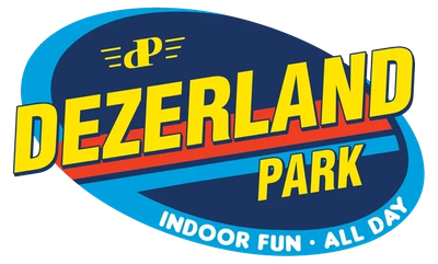 Colorful logo for Dezerland Park, an indoor fun park open all day.