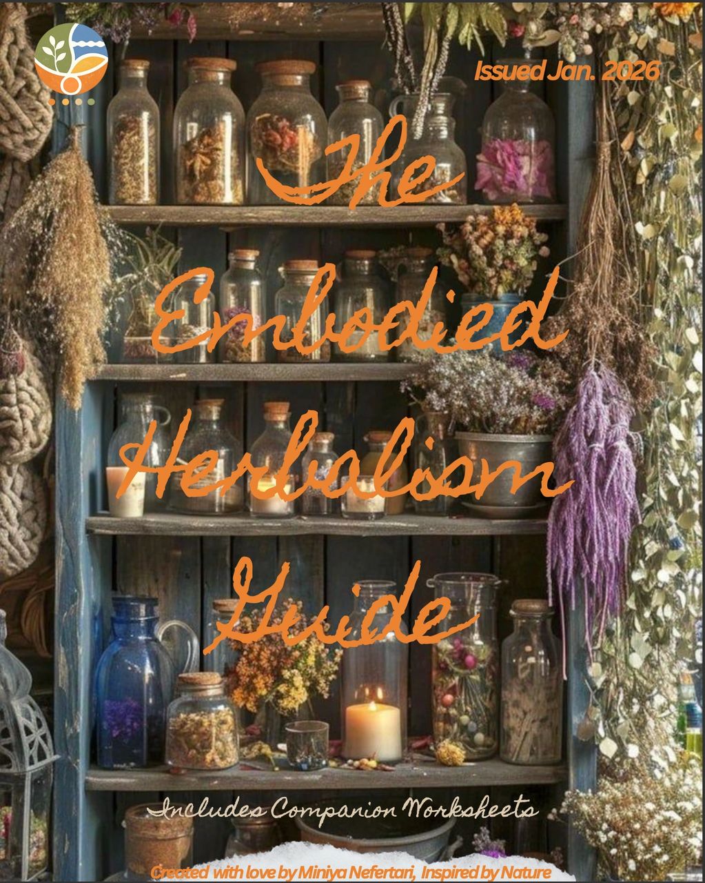 A rustic herbalism guide cover with dried herbs and jars on wooden shelves.