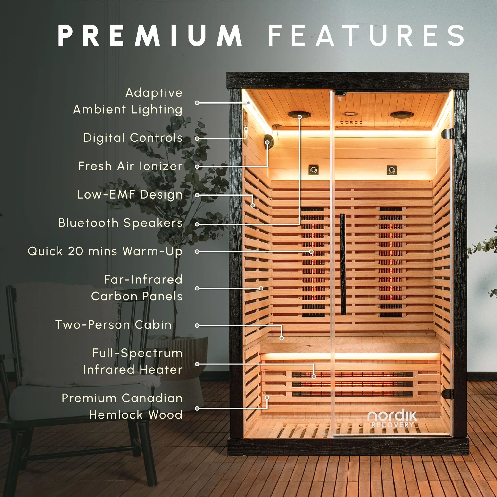 Sauna with premium features listed beside it.
