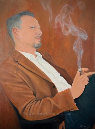 Man in brown blazer smoking a cigar with smoke swirling around.