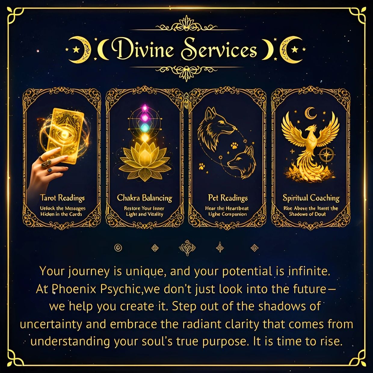 Divine Services at Phoenix Psychic: Tarot, Chakra Balancing, Aura Cleansing and Spiritual services.