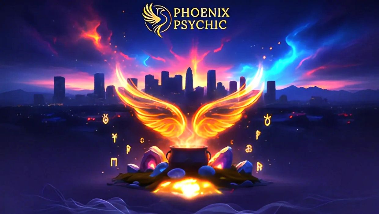 Phoenix Psychic service banner: Golden phoenix wings over a city skyline at sunset. With a tarot card reading get all your answers.