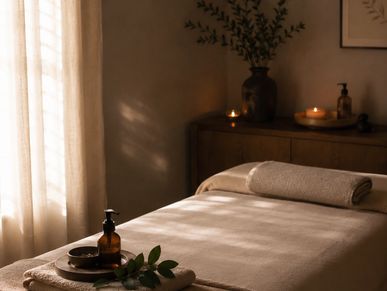 Behandlungsraum mit Massagebank und Kerzenlicht.