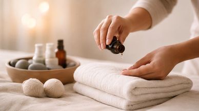 Person träufelt Massageöl auf ein gefaltetes Handtuch.