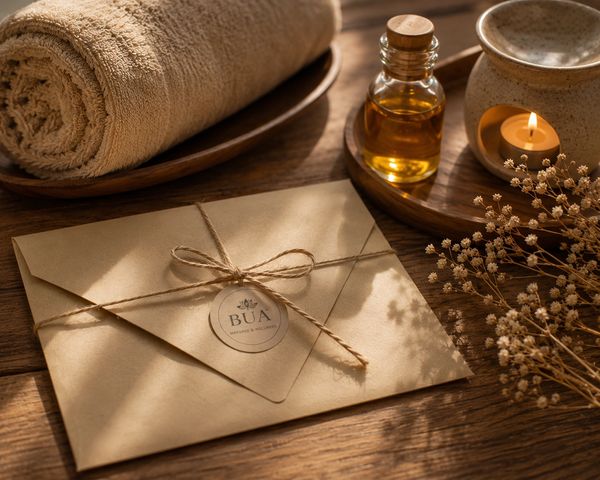 Entspannende Spa-Accessoires auf Holztisch mit Umschlag.