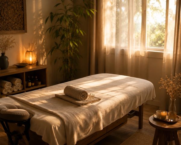Gemütlicher Massagetisch in warm beleuchtetem Raum.