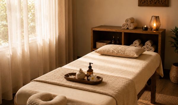 Ein gemütlicher Massagetisch in einem warmen, entspannenden Raum.