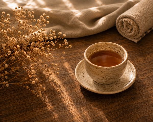 Tasse Tee auf Holztisch mit Stoff und getrockneten Blumen.